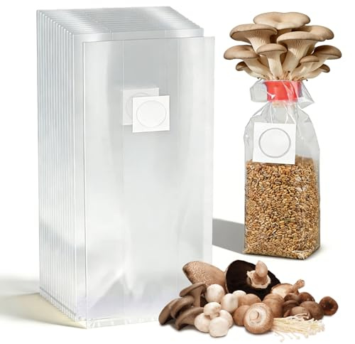 BAIFULAI 50 sacchetti per la coltivazione di funghi: sacchetti per la coltivazione di funghi con filtro, resistenti agli strappi e resistenti, 25 x 50 cm