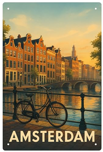 Blechschild Amsterdam Vintage – Retro Metall Schild mit Fahrrad & Grachtenmotiv – Nostalgie Wanddeko Holland – 20x30 cm für Wohnzimmer, Küche & Café