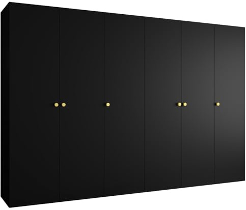 MEBLE KRYSPOL - Kleiderschrank - Garderobenschrank - 300 cm x 202 x 52 cm - Schrank mit Kleiderstange, 6 Türen - für Schlafzimmer, Flur - Parma, Schwarz, Griff Gold