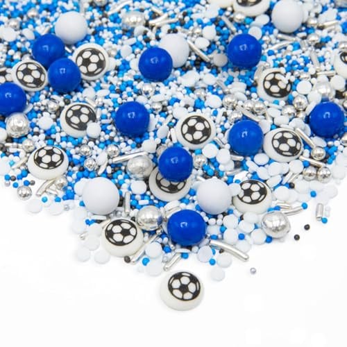 Happy Sprinkles FOOTBALL CHAMPION -Fußball Streusel Deko Blau/Weiß - 90g | Fußball Streusel Mix mit Schoko-Perlen für Torten, Cupcakes & Muffins, für Fußballpartys & Kindergeburtstage