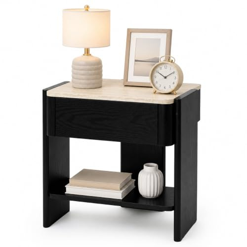Hometopia Nachttisch Holz mit Marmoroptik, Moderner Beistelltisch 55 cm | Schwarzer Eichenoptik Holz 55 × 40 × 53 cm, Nachtschrank mit Schublade & Ablagefach fur Schlafzimmer Wohnzimmer