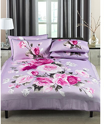 Riva Paoletti Windsor Super King Duvet Cover Set - Heather Purple - Rose Flower Print Design - 300 Thread Count - 100% Cotton - Machine Washable - 260 x 220cm (102 x 87 inches)