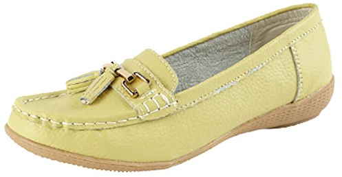 Jo & Joe Mocasines de cuero para mujer, con suela de lima, zapatos planos con borlas para mujer, verde lima, 38 EU