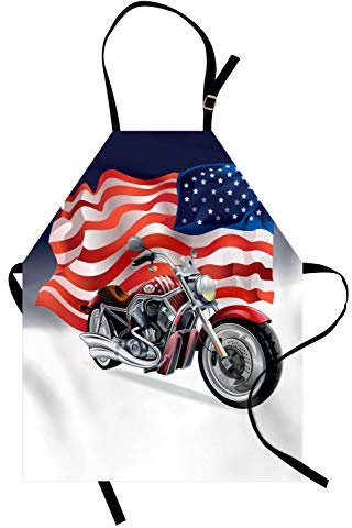 ABAKUHAUS americano Delantal de Cocina, Moto y la bandera de EE.UU., Babero de Cocina Unisex con Cuello Regulable para Cocinar Jardinería, 67 cm x 80 cm, Azul Grisáceo