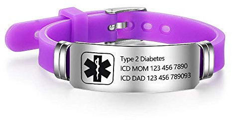 Grand Made Kostenlose Gravur 9 Zoll Silikon Einstellbare Medizinische Armbänder Sport Emergency ID Armbänder für Männer Frauen Kinder Wasserdichte Edelstahl Gummi Alert Armbänder (Purple & Silver)