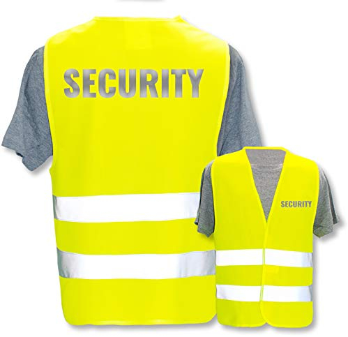 Bedruckte Warnwesten mit ISO-Leuchtstreifen * Standard- oder Reflex-Druck * Thema Sicherheit & Team, Warnweste Begriffe Security:Security (Reflektierend), Farbe + Größe:Gelb (XL/XXL)