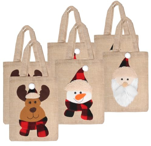 com-four® 6x Geschenktüte für Weihnachten, Jutebeutel mit Henkeln | Weihnachtsbeutel - Geschenktasche für Advent - Nikolaus - Santa - Elch - Schneemann