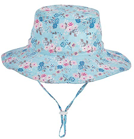 Happy Cherry Mädchen Sonnenhut mit Breite Krempe UV Schutz Verstellbarem Kinnriemen für Baby Jungen Säugling (Blau blumig, 4-8 Jahre)