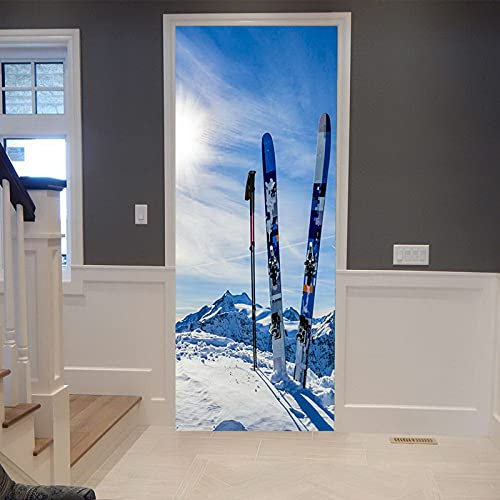 A.Monamour Sticker Porte Autocollant Poster De Porte 3D Équipement De Ski Au Sommet De Montagne Couverte De Neige Au Lever du Soleil Vinyle Affiche De Porte Sticker Mural Papier Peint 77 x 200 cm