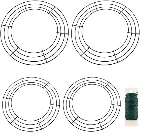 4Stück Draht Kranz Ringe Draht Kranz Rahmen,8 und 12 Zoll Draht Kranz Ringe Dunkelgrüne Kranz Rahmen Draht Kranz Rahmen Drahtkranzrahmen Runde Drahtkranzform hängender Reifen mit Draht für Weihnachten