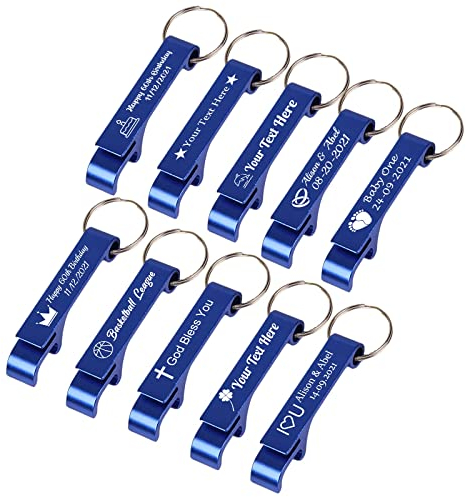 Flaschenöffner Schlüsselanhänger Personalisiert Hochzeit mit Gravur Klein Bieröffner Schlüsselbund Mini, 10 STÜCKE, Blau
