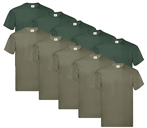 Fruit of the Loom Men's T-Shirt (Pack of 5), Colour 5 x Bottle Green 5 x Olive (Army Green), L