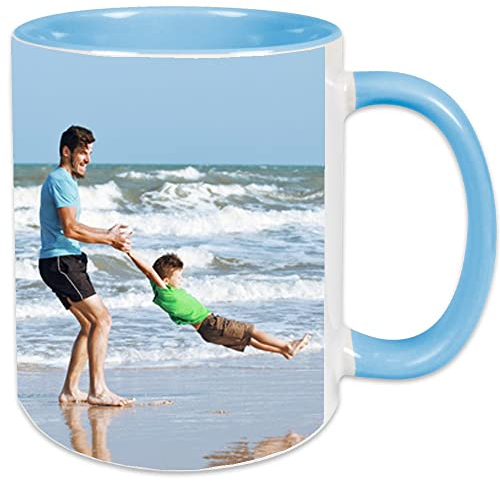 Ocadeau Mug en céramique blanc et bleu clair personnalisé photo – Impression photo sur tasse avec Anse et intérieur bleu clair - Mug personnalisable