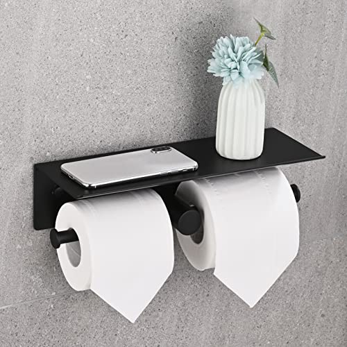 HANFU Porte Papier Toilette, Double Support Papier Toilette avec Étagère Rangement Spacieuse, Aluminium Dérouleur Porte Rouleau Papier Toilette Autoadhésive et Mural pour Salle de Bain 31cm, Noir