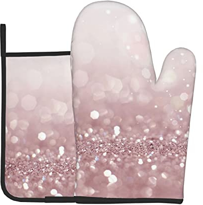 Ensemble de gants de cuisine et maniques roses = >