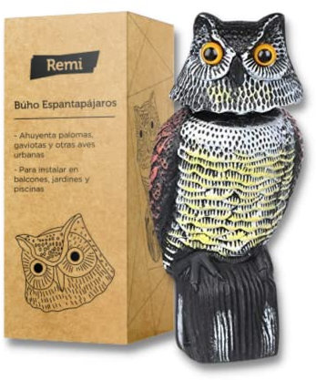 Remi Hogar Búho Espantapájaros Realista | Ahuyenta Palomas, gaviotas y Otras Aves urbanas | para Exteriores, Balcones, Jardines y Piscinas | Poliuretano | Respetuoso con el medioambiente y Fauna