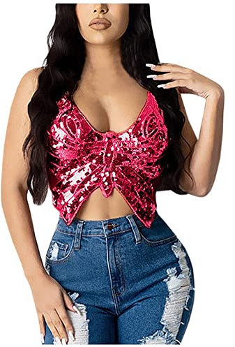 Glitzer Oberteile Damen Pailletten Schmetterling Kostüm Damen Karneval Carnival Crop Tops Bauchtanz Kostüm Tank Top Club Kostüm Corset Top Karnevalskostüme Damen (Hot Pink, One Size)