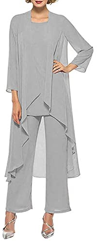 HUINI Brautmutterkleid mit Ärmel Lang Chiffon Formell Abendkleid für Hochzeit 3 Stück Mutter des Bräutigam Anzug Set Silber 44