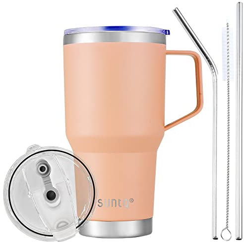 SUNTQ 30oz Tumbler with Handle - Reusable Travel Coffee Cup with Straw & Lid - Double Wall Vacuum Insulated Coffee Mug - Stainless Steel Thermal Cup for Hot and Cold Beverages(Light Pink)