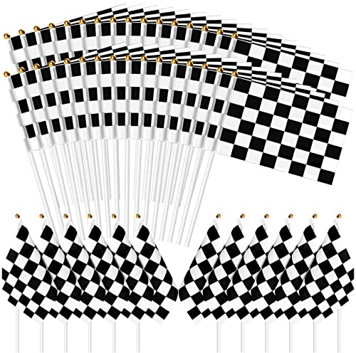 Lot de 60 drapeaux à carreaux noirs et blancs en polyester de qualité supérieure avec bâtons en plastique, drapeaux tenus à la main pour course, fête de voiture de course, événements sportifs