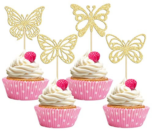 24Pcs Butterfly Cupcake Toppers Glitter Assembled Mixed Styles Hollow Butterfly Cupcake Picks Baby Shower Cake Decorations for Wedding Engagement Bridal Shower Kids Birthday Party Supplies Gold