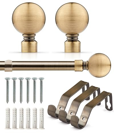 Emma Barclay Extendable Curtain Pole With Finials Brackets & Fittings Sets 16-19mm in Antique Brass Metal Curtain Poles For Eyelet Curtains Rod - Ball Collection 1.6m - 3m Antique Brass