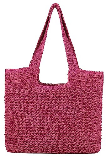 TIAASTAP Stroh Strandtasche für Damen, Summer Stroh Handtasche Schultertasche mit Reißverschluss, Strohtasche Geflochten Korbtasche Basttasche für Strand Reise Einkauf, Rosarot