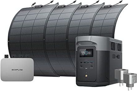 Kit solaire balcon EcoFlow PowerStream, micro-onduleur relié au réseau, Panneaux solaires flexibles 100W×4, station électrique portable DELTA 2 Max, Smart Plugs×2, Wi-Fi, commande via l’application