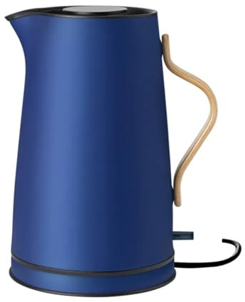 Stelton Emma Electric Kettle, 1.2L, Dark Blue, Cordless, Steel Jug, Beech Wood Handle, Removable Limescale Filter, Dry Boil Safety, Automatic Shut-off, UK Plug