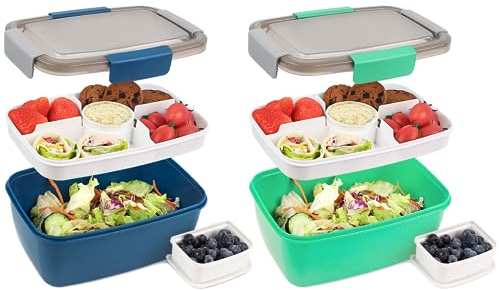 Bugucat Lunchbox Erwachsene 2000ML 2 Set,Auslaufsichere Brotdose Erwachsene Bento Box mit Fächern für Kinder,Salatbehälter Salatbox to Go mit Gabel,Brotdose Frühstücksbox für Schule Büro,Blau+Grün