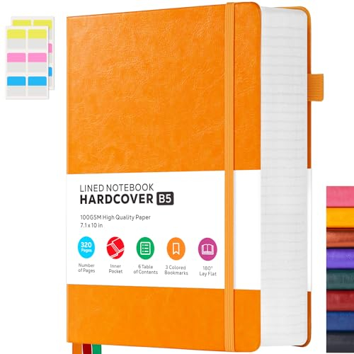FOCUS DAY Ledergefüttertes Notizbuch, 320 Seiten, Hardcover-Notizbücher zum Schreiben und Notizen machen für Frauen und Männer, B5 (18 x 25cm) liniertes Tages-Notizbuch, Orange