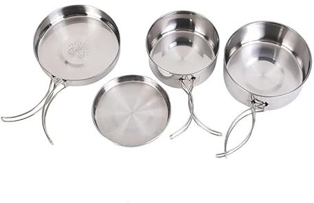 Wuudi Utensilios Cocina Camping, 4piezas Juego de ollas de Cocina de Camping de Acero Inoxidable 304, Juego de sartenes Plegables y apilables para Acampada, Excursión, Escalada