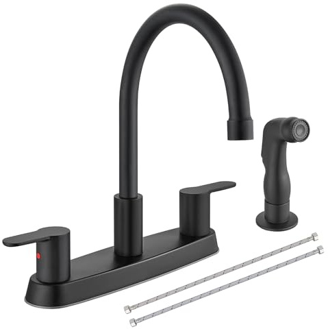 Cinwiny Grifo de cocina, grifo de cocina central de 8 pulgadas con rociador lateral, grifos de fregadero de cocina de doble mango, arco alto, boquilla giratoria de 360 grados con líneas de suministro,