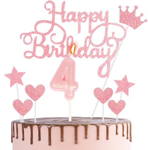 HONGCI Pink 4th Birthday Cake Topper & Candle Set - 1 Pink Number 4 Candle, Perfect for Birthday Cakes, Cupcakes, Desserts