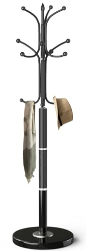 OIRUMIE Moderne Garderobe mit natürlichem Marmorsockel, Metallgarderobe, freistehend, robuster Garderobenständer, Garderobenständer, Garderobenhüte, Aufhänger für Eingangsbereich, Flur (Schwarz, 12