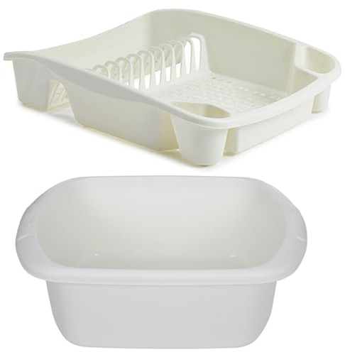ZARVICZONIA Plastic Dish Drainer and Rectengular Bowl (set of 2) Cream Plate Holders Organizer Dish Storage Dying Rack for Kitchen Counter Cabinet Cupboard