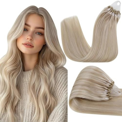Hetto Microring Extensions Echthaar 45 cm Blond Extensions Echthaar Microring Highlights Mittel to Licht Blond Invisible Micro Loop Remy Haarverlangerung 50 stück 50g #18/613