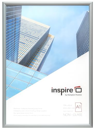 inspire by Hampton Frames | A1 Schnapprahmen, Silber, satiniertes Aluminium, 59 x 84 cm, Frontlader, kein Glas, Acryl, Wandhalterung, Posterrahmen für Display, einfacher Wechsel