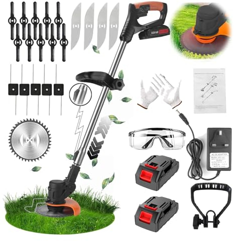 Jwdj Strimmer 21V Cordless Grass Trimmer, Cordless Strimmer with 2 Pieces of Li-Ion Batteries for all your Garden Clearing, Weed and Tree Cutting Needs