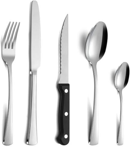 Gifcomda Juego de cubiertos de 30 piezas para 6 personas con cuchillo de carne, cuchillo tenedor, cuchara, cubiertos de acero inoxidable para familia/fiesta/restaurante, pulido con espejo y apto para
