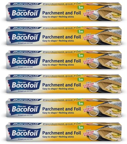 Foil and Parchment Paper 2 in 1 Easy to Shape 5m x 30cm | Durable and Tear Resistant | Non-Stick Coating - Pack of 6 Rolls