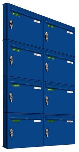 AL Briefkastensysteme Basic 8er Briefkasten RAL 5010 Enzian Blau 8 Fächer DIN A4 wetterfest Briefkastenanlage mit Posthaltebügel und 2 Namensschildern