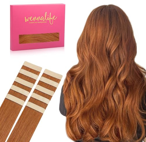 WENNALIFE Tape Extensions Echthaar, 30cm 20g 10 Stück Invisible Tape in Extensions Echthaar, Echthaar Extensions Tape, Remy Gerade Haarverlängerung Echthaar #30A Dreckiges Ingwerrot