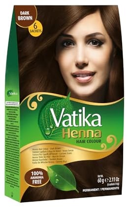 Vatika Henna Coloración Marrón Oscuro - 6 bolsitas de 10 g Henna y café bio para un color intenso, granada para el brillo Nutre y fortalece el cabello, color duradero