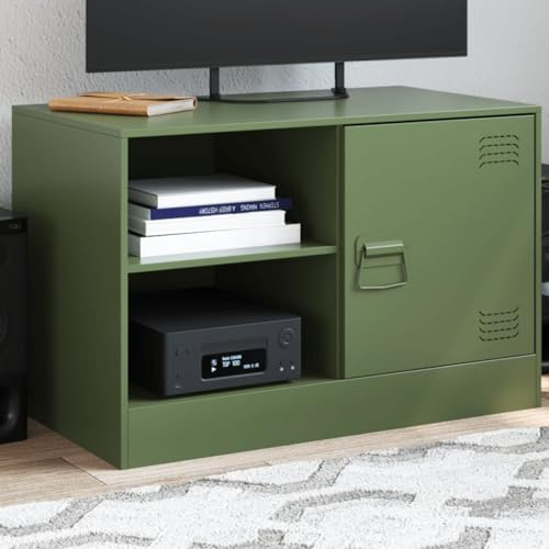 Rantry Meuble TV vert olive 67 x 39 x 44 cm en acier, table pour TV, meuble TV salon, meuble bas pour TV de salon industriel, support TV Model841699