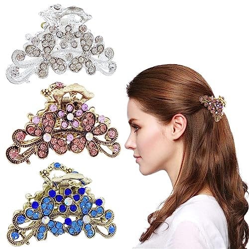 Paotxpum 3 Pcs Vintage Rhinestone Hair Claw Clips Fashion Hair Clips Alloy Fancy Hair Claw Jaw Clips Pins, Metal Alloy Fancy Hair Barrette Decorative Flowers Hair Clamp for Women Thick Hair