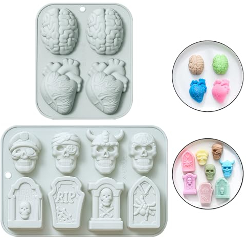 Fyfjur Moule Halloween, 2 Pièces Moule Gateau Halloween Coeur De Cerveau De Crâne De Pierre Tombale, Emporte Pièces Halloween, Moule Silicone Halloween, Moule Tete De Mort, Moule Silicone Chocolat