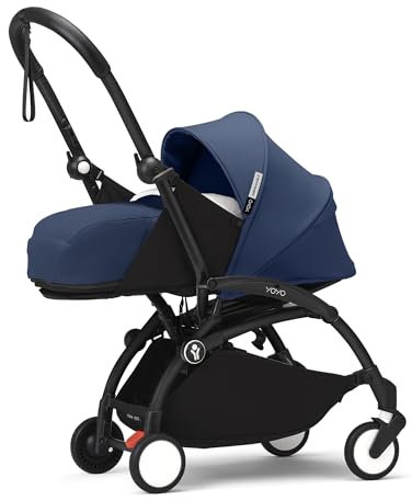 Stokke YOYO3 Gestell (Schwarz) mit 0+ Neugeborenen Set (Air France Blue) - Inklusive Matratze, Fünfpunktgurt, ausziehbarem Verdeck, gepolsterte Schultergurte & schützende Aufbewahrungstasche
