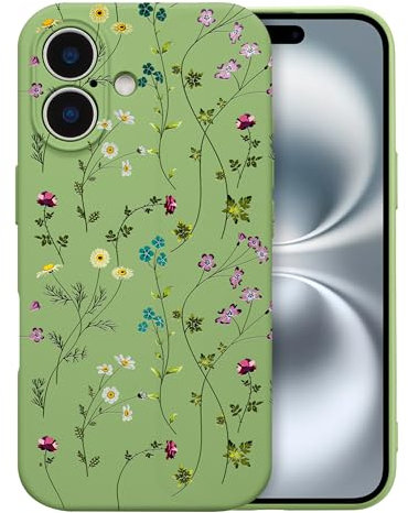 RALEAVO Flower Case for iPhone 16, Liquid Silicone Shockproof Protection Case Cover for Girls Women with Aesthetic Cute Floral Patterns Soft Slim Phone Case for iPhone 16 6.1-Green