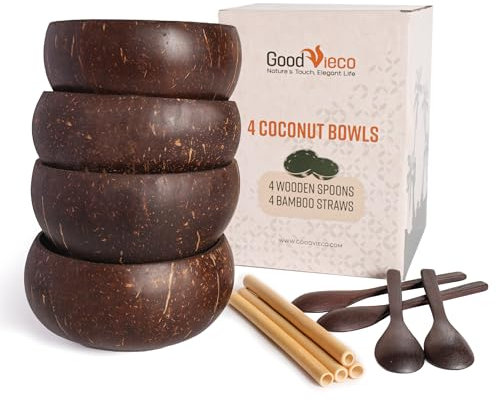 GoodVieco Coconut Bowl with Wooden Spoons and Bamboo Straw - Vegan Gift, Made from Eco Friendly Natural Coconut Shells for Smoothies, Acai & Buddha Bowls (4, Polished)